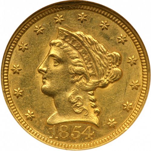 2 dollar 50 Obverse Image minted in UNITED STATES in 1854C (Coronet Head)  - The Coin Database