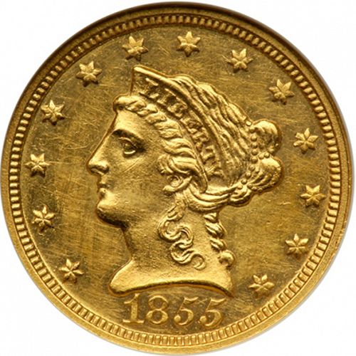 2 dollar 50 Obverse Image minted in UNITED STATES in 1855C (Coronet Head)  - The Coin Database