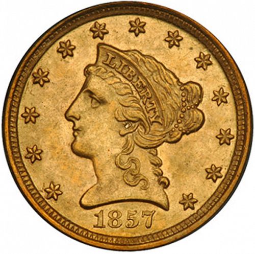 2 dollar 50 Obverse Image minted in UNITED STATES in 1857D (Coronet Head)  - The Coin Database