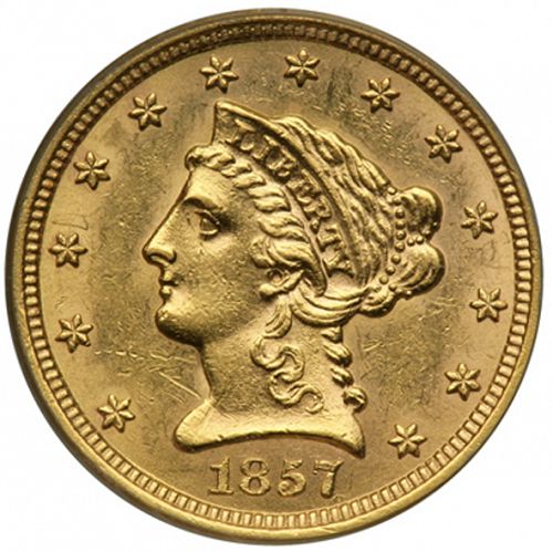 2 dollar 50 Obverse Image minted in UNITED STATES in 1857S (Coronet Head)  - The Coin Database
