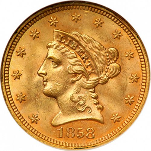 2 dollar 50 Obverse Image minted in UNITED STATES in 1858 (Coronet Head)  - The Coin Database