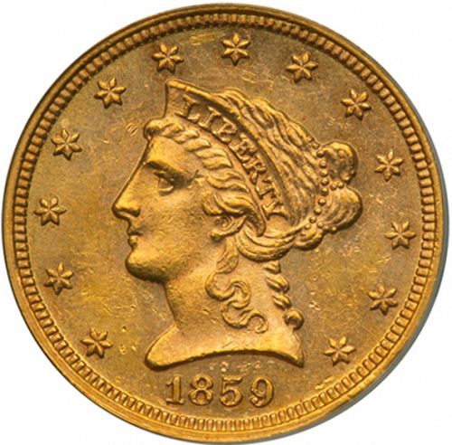 2 dollar 50 Obverse Image minted in UNITED STATES in 1859 (Coronet Head)  - The Coin Database