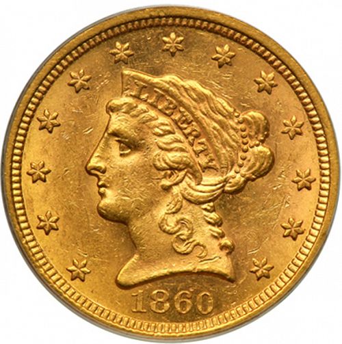 2 dollar 50 Obverse Image minted in UNITED STATES in 1860 (Coronet Head)  - The Coin Database