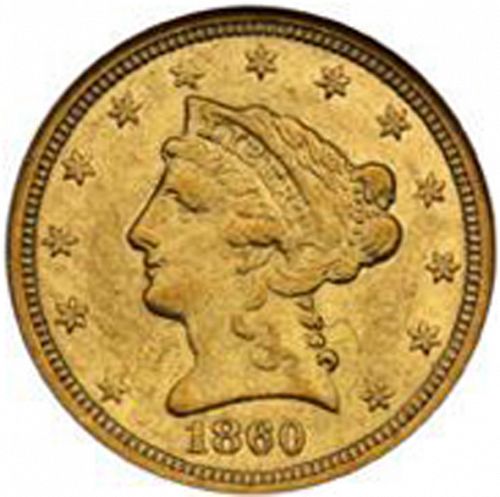 2 dollar 50 Obverse Image minted in UNITED STATES in 1860C (Coronet Head)  - The Coin Database