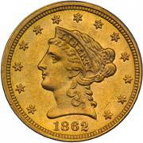 2 dollar 50 Obverse Image minted in UNITED STATES in 1862 (Coronet Head)  - The Coin Database