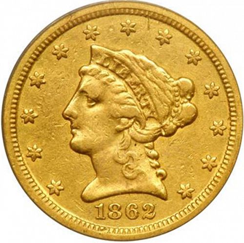 2 dollar 50 Obverse Image minted in UNITED STATES in 1862S (Coronet Head)  - The Coin Database