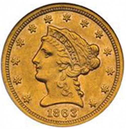 2 dollar 50 Obverse Image minted in UNITED STATES in 1863S (Coronet Head)  - The Coin Database