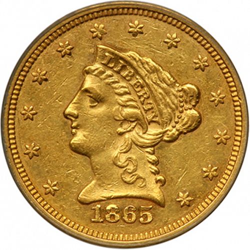 2 dollar 50 Obverse Image minted in UNITED STATES in 1865 (Coronet Head)  - The Coin Database