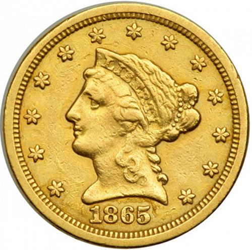 2 dollar 50 Obverse Image minted in UNITED STATES in 1865S (Coronet Head)  - The Coin Database