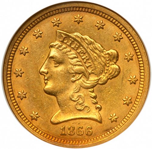 2 dollar 50 Obverse Image minted in UNITED STATES in 1866 (Coronet Head)  - The Coin Database