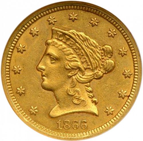 2 dollar 50 Obverse Image minted in UNITED STATES in 1866S (Coronet Head)  - The Coin Database