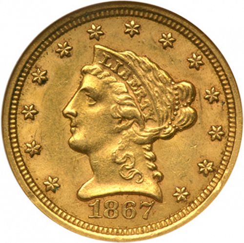 2 dollar 50 Obverse Image minted in UNITED STATES in 1867S (Coronet Head)  - The Coin Database