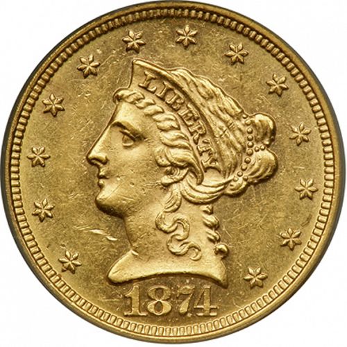 2 dollar 50 Obverse Image minted in UNITED STATES in 1874 (Coronet Head)  - The Coin Database