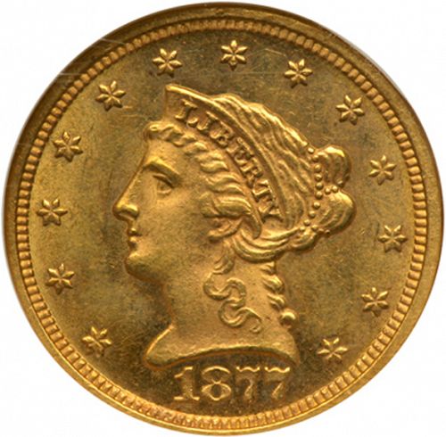 2 dollar 50 Obverse Image minted in UNITED STATES in 1877 (Coronet Head)  - The Coin Database