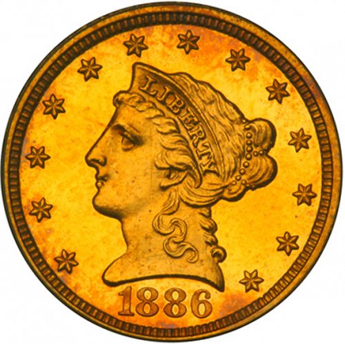 2 dollar 50 Obverse Image minted in UNITED STATES in 1886 (Coronet Head)  - The Coin Database