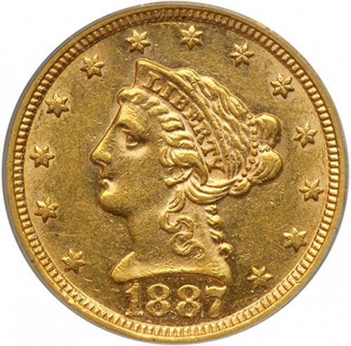 2 dollar 50 Obverse Image minted in UNITED STATES in 1887 (Coronet Head)  - The Coin Database
