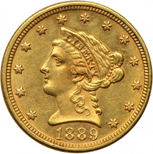 2 dollar 50 Obverse Image minted in UNITED STATES in 1889 (Coronet Head)  - The Coin Database