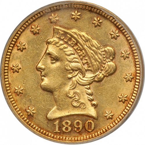 2 dollar 50 Obverse Image minted in UNITED STATES in 1890 (Coronet Head)  - The Coin Database