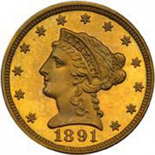 2 dollar 50 Obverse Image minted in UNITED STATES in 1891 (Coronet Head)  - The Coin Database