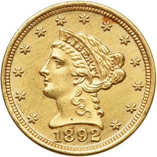 2 dollar 50 Obverse Image minted in UNITED STATES in 1892 (Coronet Head)  - The Coin Database