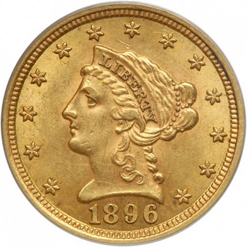 2 dollar 50 Obverse Image minted in UNITED STATES in 1896 (Coronet Head)  - The Coin Database