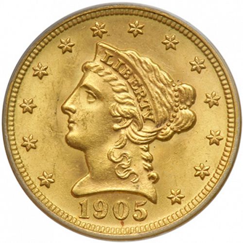 2 dollar 50 Obverse Image minted in UNITED STATES in 1905 (Coronet Head)  - The Coin Database