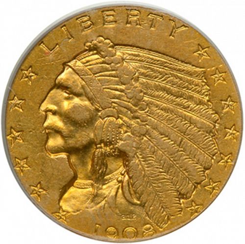 2 dollar 50 Obverse Image minted in UNITED STATES in 1908 (Indian Head)  - The Coin Database