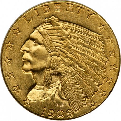 2 dollar 50 Obverse Image minted in UNITED STATES in 1909 (Indian Head)  - The Coin Database