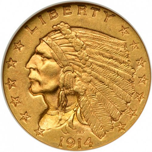 2 dollar 50 Obverse Image minted in UNITED STATES in 1914 (Indian Head)  - The Coin Database