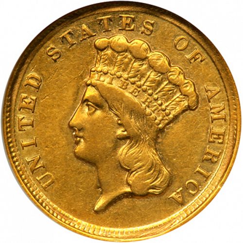 3 dollar Obverse Image minted in UNITED STATES in 1854D (Gold 3$)  - The Coin Database