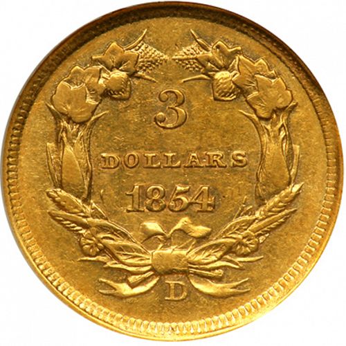 3 dollar Reverse Image minted in UNITED STATES in 1854D (Gold 3$)  - The Coin Database