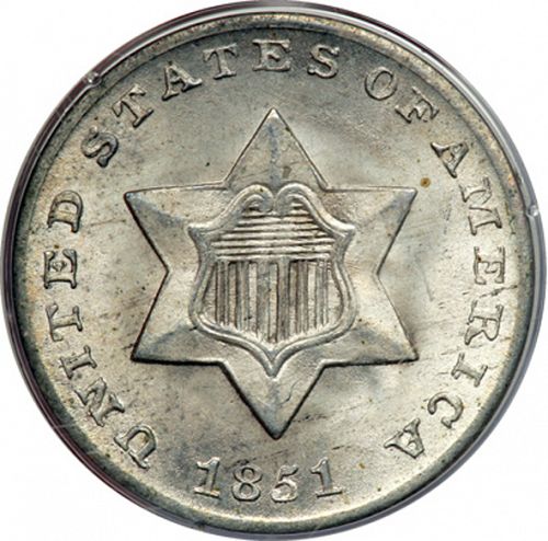 3 cent Obverse Image minted in UNITED STATES in 1851 (Type I)  - The Coin Database