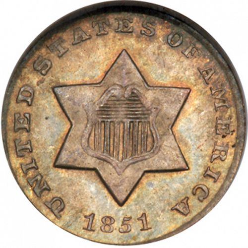 3 cent Obverse Image minted in UNITED STATES in 1851O (Type I)  - The Coin Database