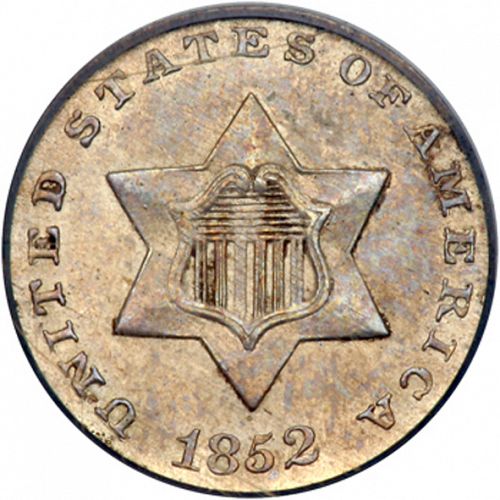 3 cent Obverse Image minted in UNITED STATES in 1852 (Type I)  - The Coin Database