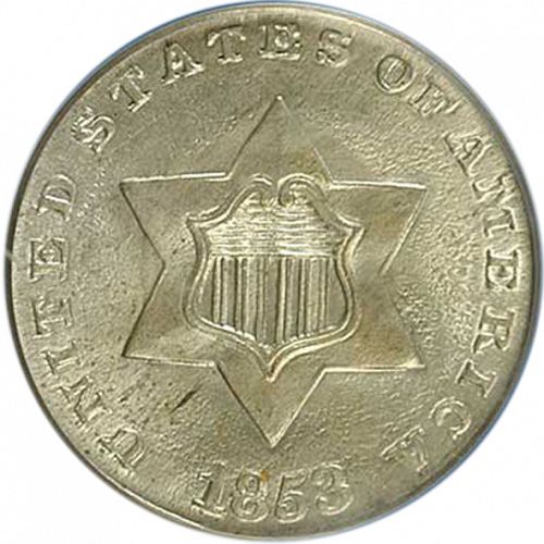 3 cent Obverse Image minted in UNITED STATES in 1853 (Type I)  - The Coin Database