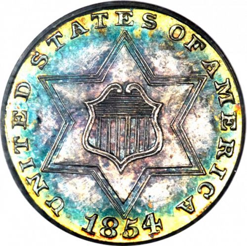 3 cent Obverse Image minted in UNITED STATES in 1854 (Type II)  - The Coin Database