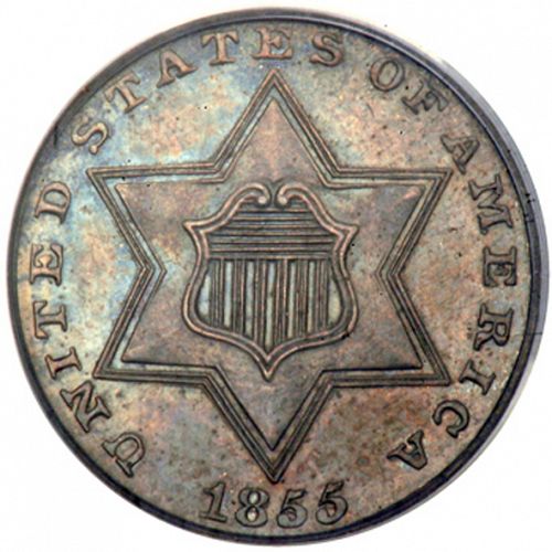 3 cent Obverse Image minted in UNITED STATES in 1855 (Type II)  - The Coin Database
