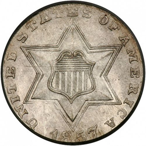 3 cent Obverse Image minted in UNITED STATES in 1857 (Type II)  - The Coin Database