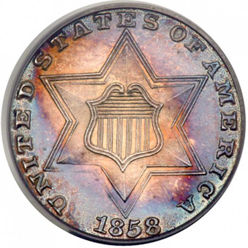3 cent Obverse Image minted in UNITED STATES in 1858 (Type II)  - The Coin Database