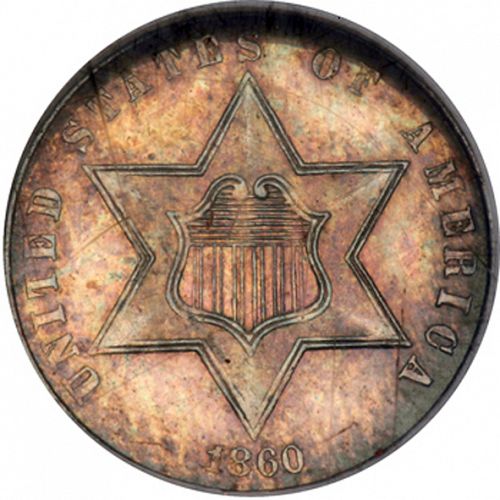 3 cent Obverse Image minted in UNITED STATES in 1860 (Type III)  - The Coin Database