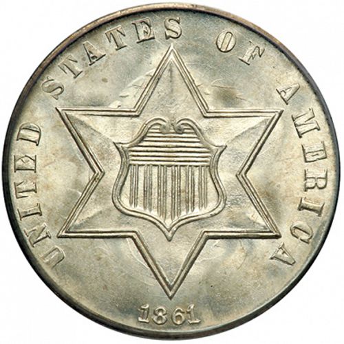 3 cent Obverse Image minted in UNITED STATES in 1861 (Type III)  - The Coin Database