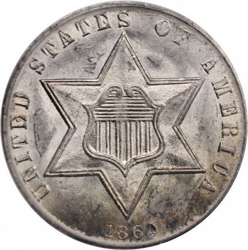 3 cent Obverse Image minted in UNITED STATES in 1862 (Type III)  - The Coin Database