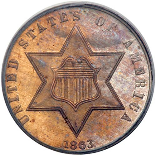 3 cent Obverse Image minted in UNITED STATES in 1863 (Type III)  - The Coin Database