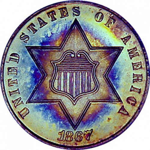 3 cent Obverse Image minted in UNITED STATES in 1867 (Type III)  - The Coin Database
