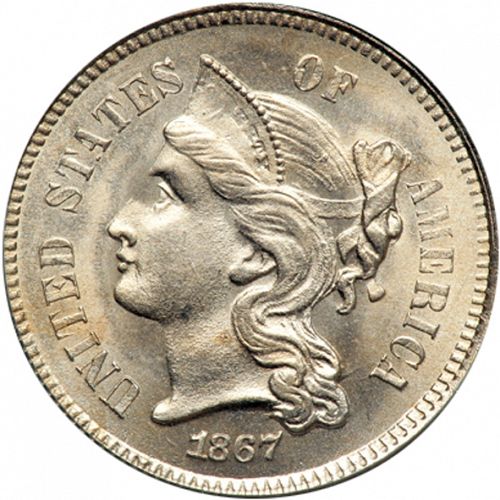 3 cent Obverse Image minted in UNITED STATES in 1867   - The Coin Database