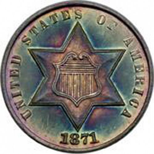 3 cent Obverse Image minted in UNITED STATES in 1871 (Type III)  - The Coin Database