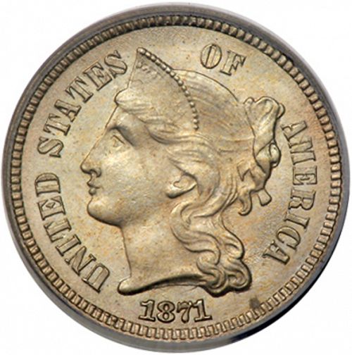 3 cent Obverse Image minted in UNITED STATES in 1871   - The Coin Database