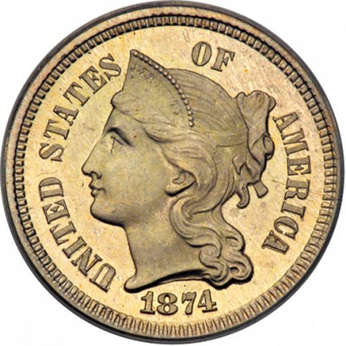 3 cent Obverse Image minted in UNITED STATES in 1874   - The Coin Database