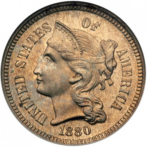 3 cent Obverse Image minted in UNITED STATES in 1880   - The Coin Database