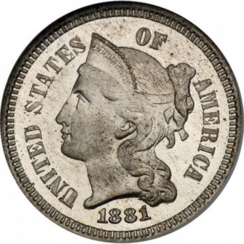3 cent Obverse Image minted in UNITED STATES in 1881   - The Coin Database